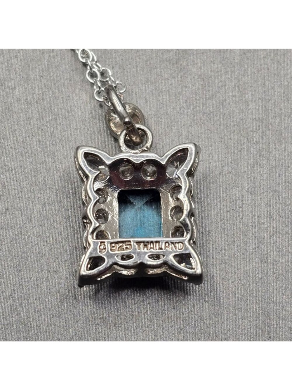 Edwardian Revival Sterling Silver Blue Topaz Pendant Necklace Emerald Cut 925 - Picture 5 of 15